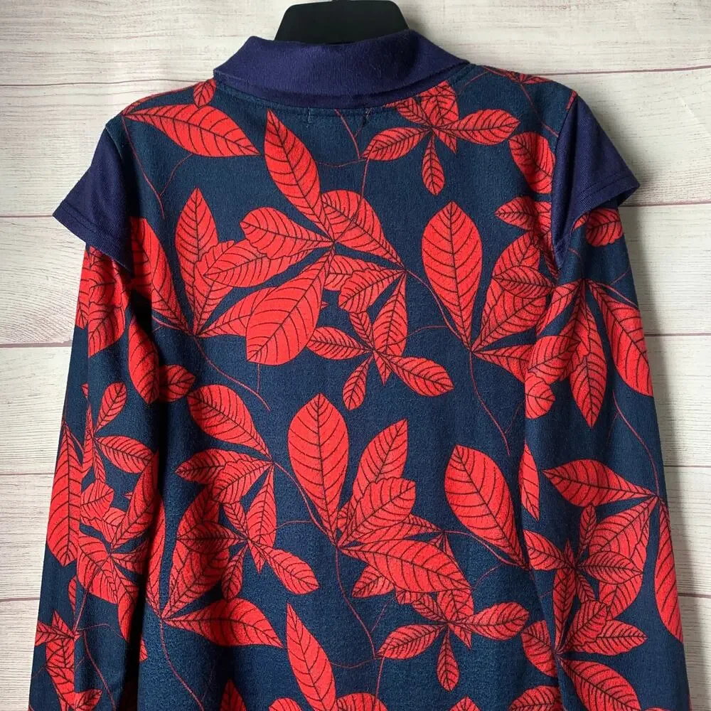 Reborn Navy Blue with Red Leaf Pattern Dress Folded Cowl Neck Fall Leaves XL